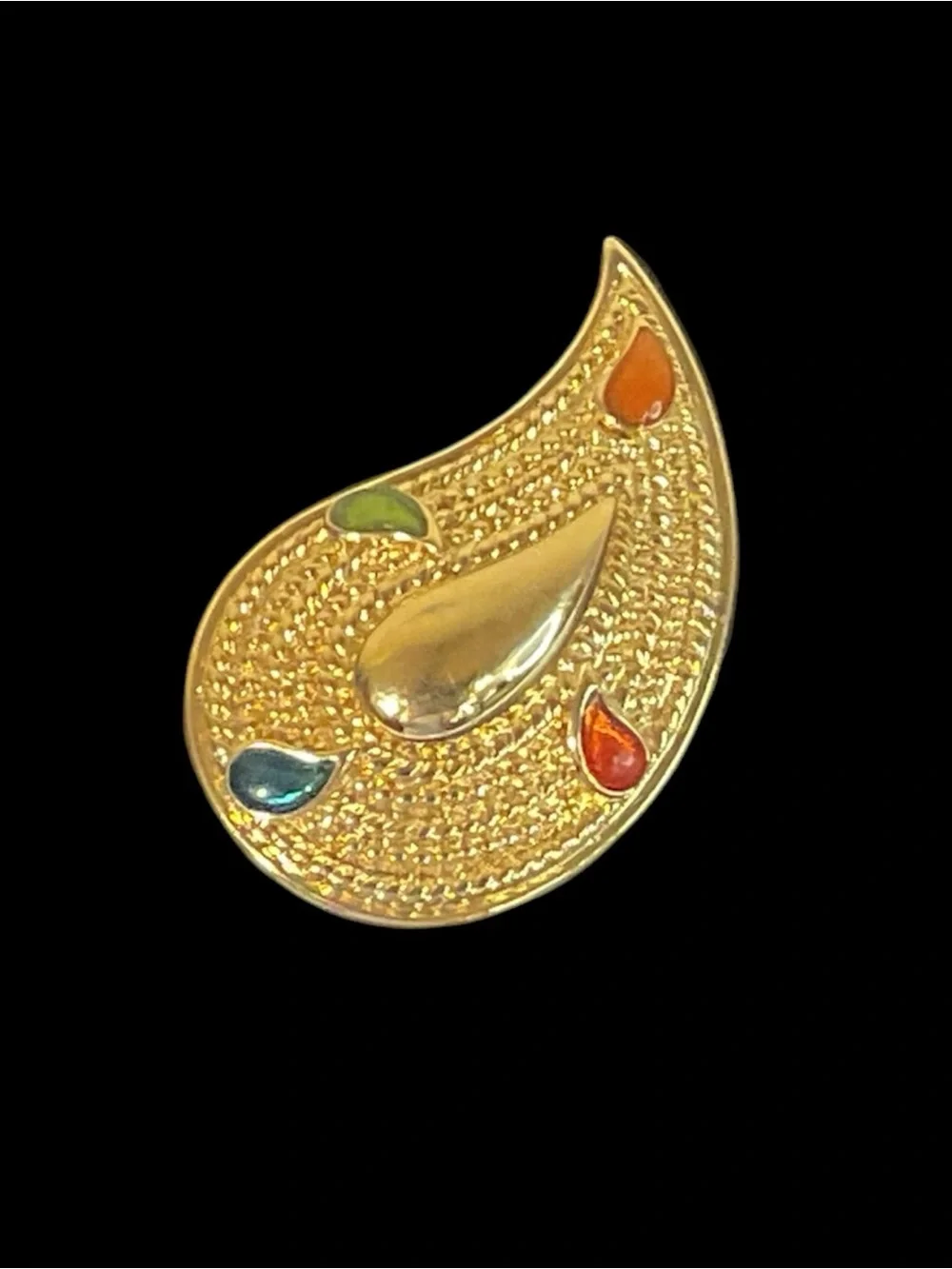 Vintage Gold Tone Paisley Brooch Abstract Teardrop Confetti Cabochon Accent Pin